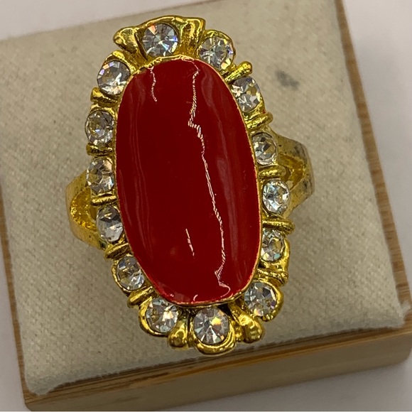 Gold plated NEW red enamel and rhinestone wide oval statement ring size 8 - Picture 1 of 9